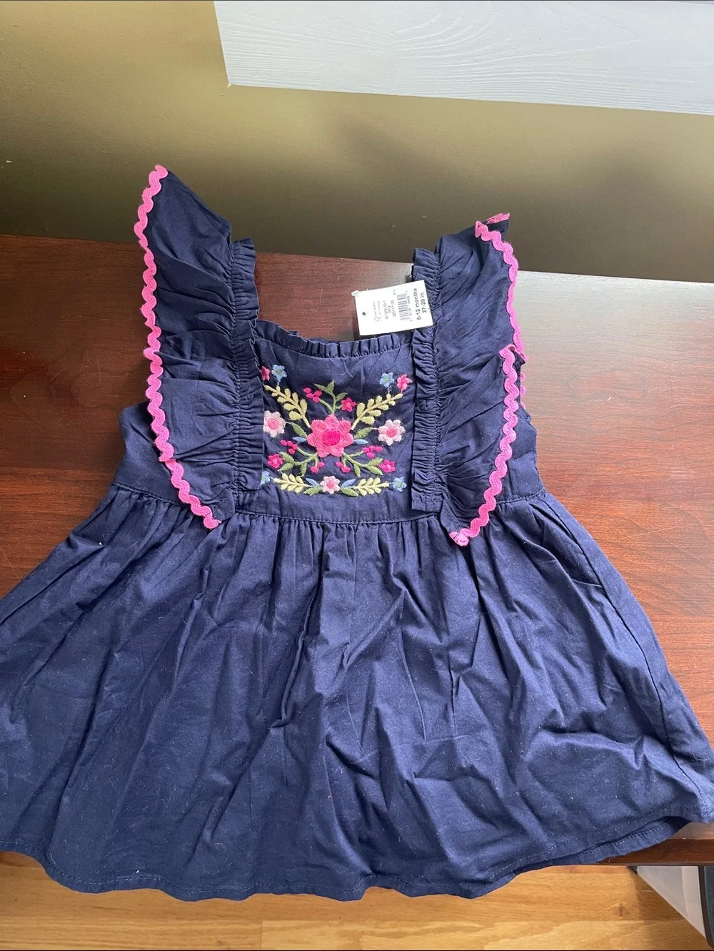 Navy Girls Embroidered Flutter Dress with Pink Trim 6-12 months